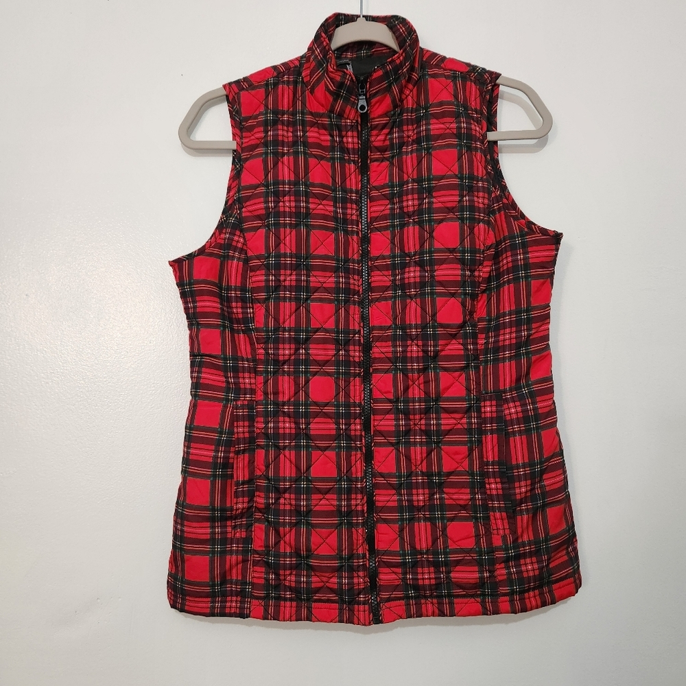 Quilted Puffer Vest Womens S 4-6 Red Plaid Christmas Cabincore Gorpcore Holiday